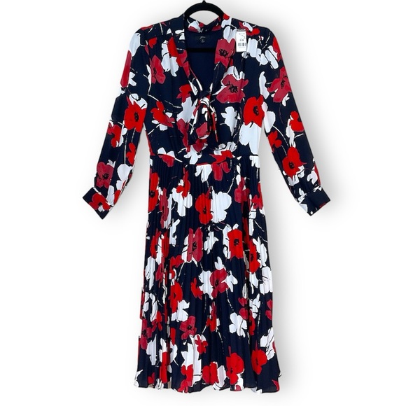 J. Crew Tie Neck Navy Poppy Floral Print Pleated A-Line Midi Dress - Picture 4 of 7